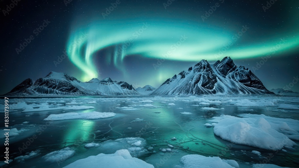 Fototapeta premium Aurora borealis over snowy mountains and frozen water surface.