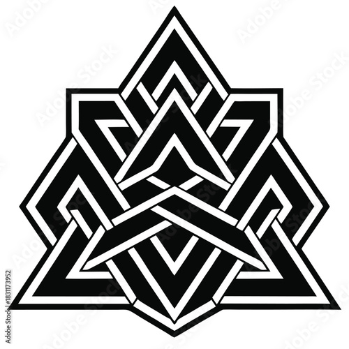 Elaborate interlaced geometric pattern features striking black triangles overlapping and creating optical complexity over a plain background