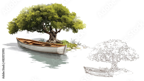 Serenity Boat with Tree Illustration and Real Tree - Nature Scene