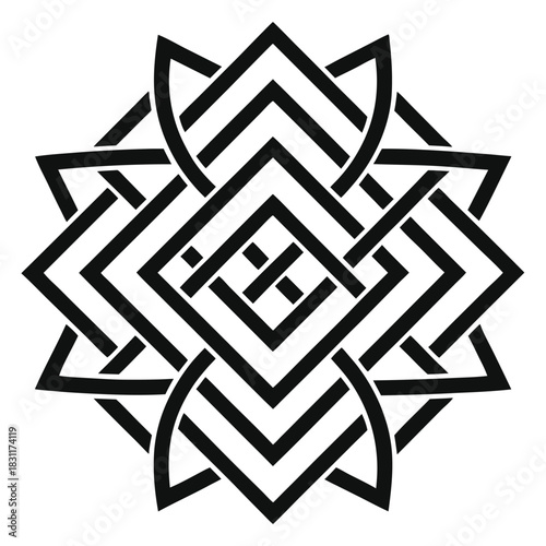 Intricate geometric design features interlaced black lines against a white background perfectly