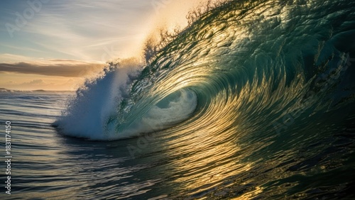 Fototapeta Naklejka Na Ścianę i Meble -  Barrel wave cresting with golden light illuminating the water spray.