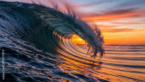 Fototapeta Naklejka Na Ścianę i Meble -  Powerful ocean wave barrels against a vibrant orange sunset sky.