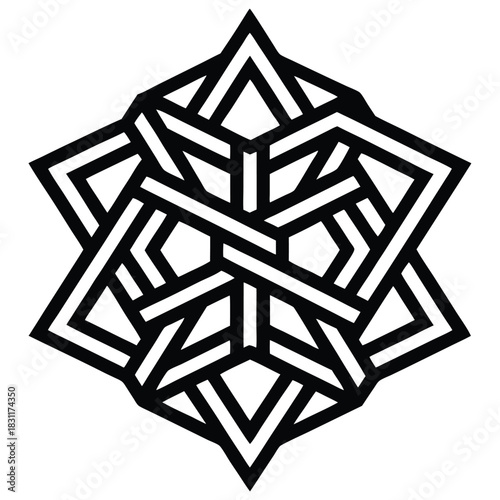 Black outlined geometric pattern shows interwoven and symmetrical shapes against a white background here