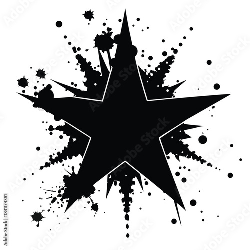 A grungy black star bursts outward amidst splatters and drips on a white backdrop