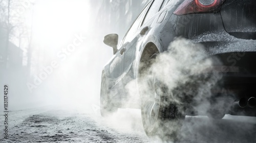 diesel car struggling to start in cold weather, visible white smoke, frosty environment, clean minimalistic style, bright natural light