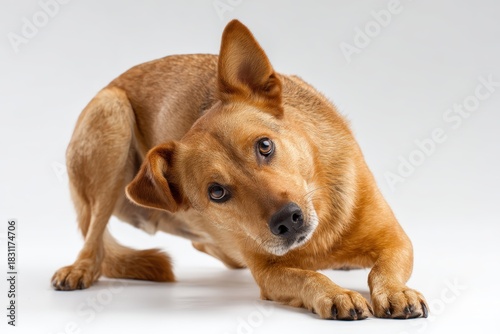 Curious dog tilts its head ...