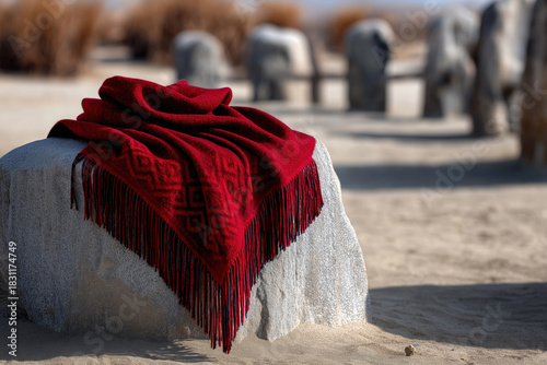 Cozy red blanket resting on a stone amidst sandy landscape