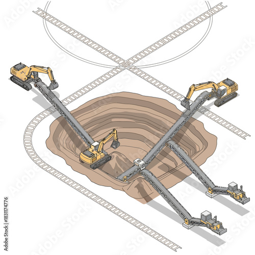Isometric illustration of a large-scale excavation site with multiple excavators, conveyor belts, and train tracks for material transport.