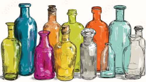Vibrant Collection of Bottles in Various Colors on White Background