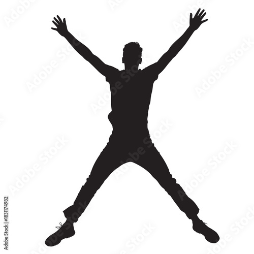 Silhouette of a man jumping with arms and legs outstretched a vector illustration on a white background representing freedom and energy