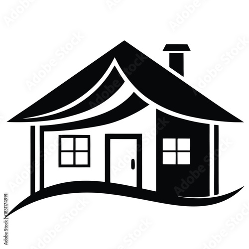 Black and white house with a chimney and abstract roof appears minimalist