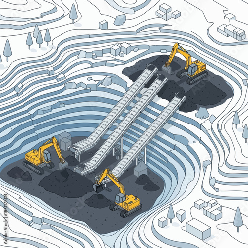 Isometric illustration of an open-pit mine with yellow excavators and conveyor belts extracting coal from the earth.