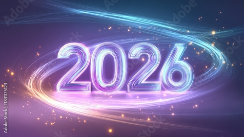 Glowing neon numerals signify the arrival of the year twenty twenty six surrounded by abstract light trails