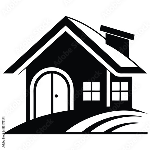 House Icon Features an Arched Door, Window, and Chimney in Black and White