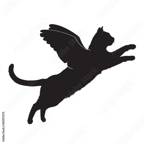 Silhouette of a winged cat in flight a vector illustration for fantasy and pet concepts isolated on white background