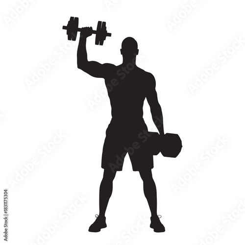 Silhouette of a muscular man lifting dumbbells fitness training for strength and bodybuilding isolated on white background