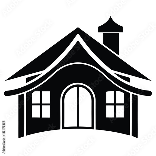 Charming storybook house has a black roof, arched door and windows, all in monochrome