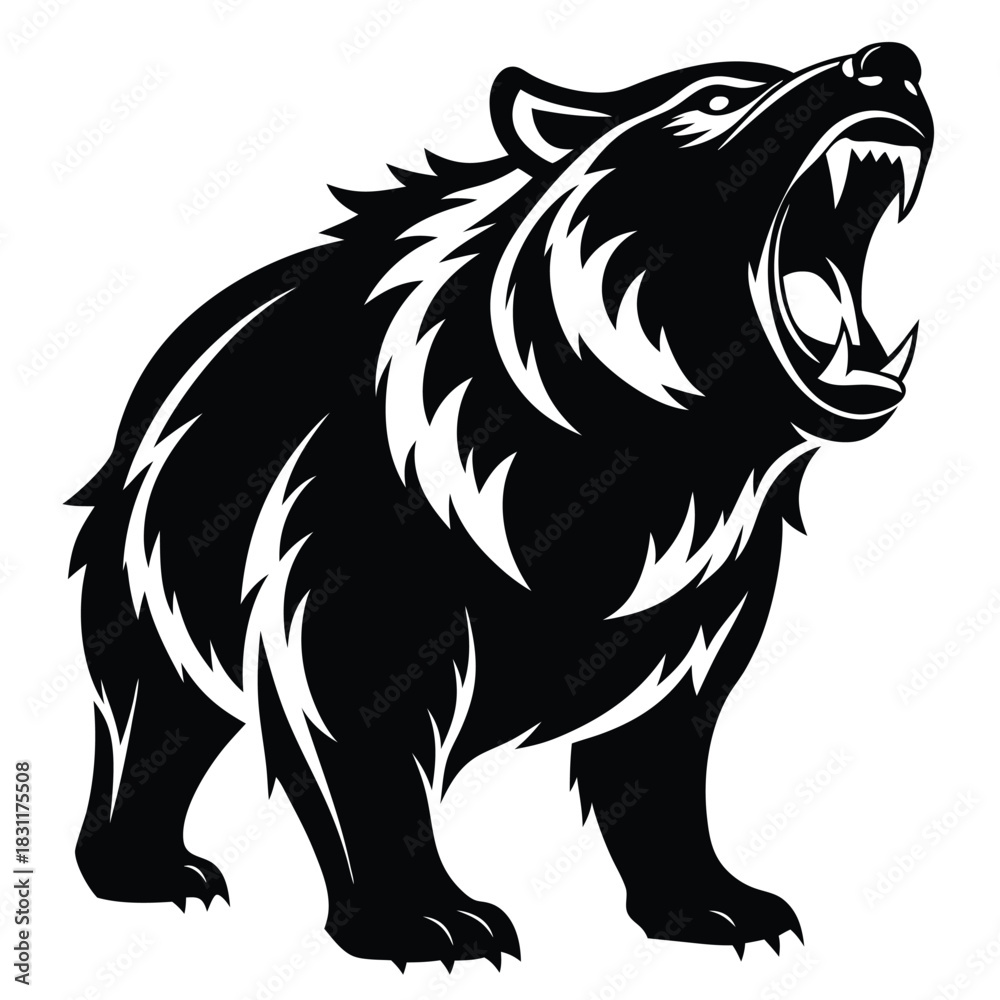 Fototapeta premium A fierce black bear roars powerfully with visible teeth in a monochrome silhouette