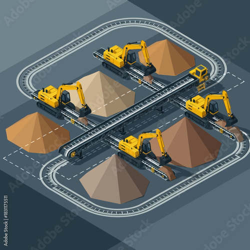 Isometric illustration of an industrial mining operation with excavators and conveyor belts.