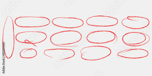 Hand drawn red pen highlight round oval frame set. Handwritten red marker, pencil scribble stroke line oval frame. Brush round frame highlight. Grunge scratch style set. Vector stock illustration