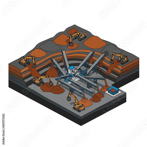 Isometric diagram of an open-pit mining operation with excavators, conveyor belts, and a central processing plant.