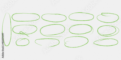 Hand drawn red pen highlight round oval frame set. Handwritten red marker, pencil scribble stroke line oval frame. Brush round frame highlight. Grunge scratch style set. Vector stock illustration