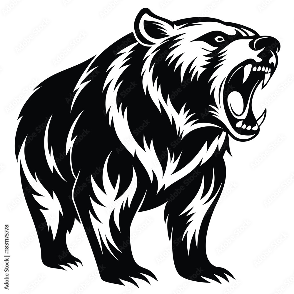 Obraz premium Roaring bear in black silhouette depicts strength and ferocity with visible sharp teeth