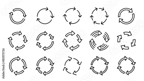 A collection of circular arrow icons representing cycles, processes, and repetition, presented in a grid layout with varying arrow styles.