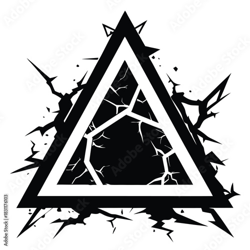 A fragmented black triangle enclosed by white outlines shows a powerful and edgy design