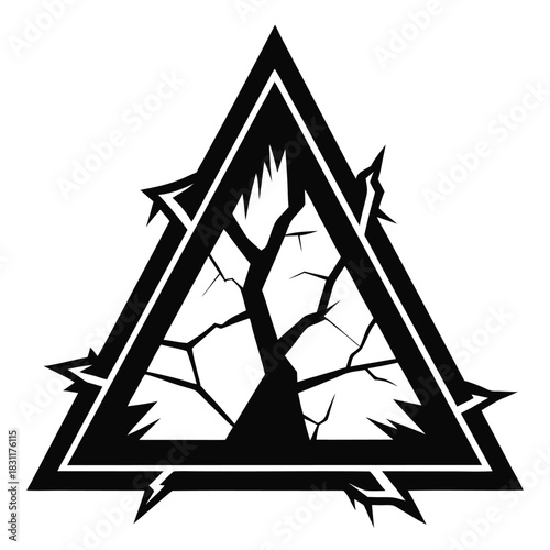 A bare tree with broken branches enclosed within a shattered triangle symbolizes resilience