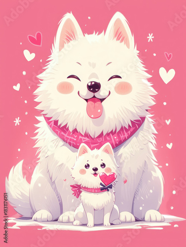 Charming illustration of a happy little husky and its adorable companion in pink tones
