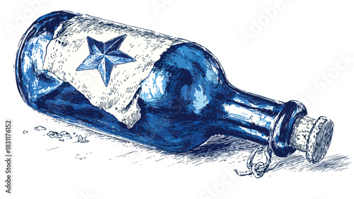 Glamorous Blue Bottle with Star Vector Outlined Illustration for Designs