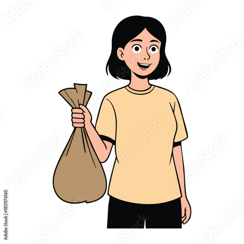 Illustration of smiling woman holding a tied brown sack or bag with both hands