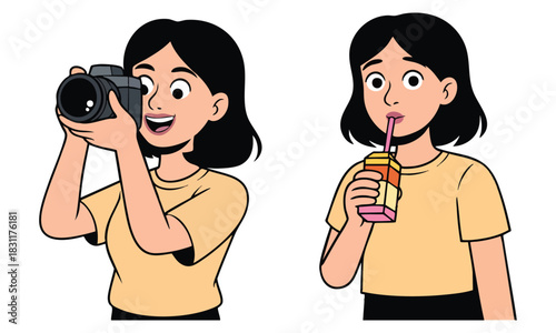 Illustration of cartoon illustration of a young woman taking a photo with a camera and drinking juice