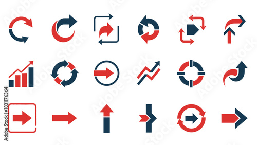 A collection of red and blue arrows and diagram elements are arranged in a grid on a white background, representing direction and progress.