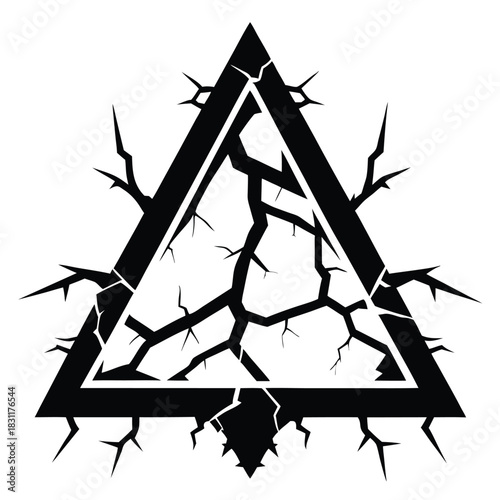 Cracked triangle symbol with outward facing spikes creates a dark abstract emblem