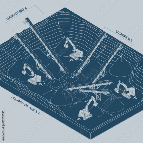 Isometric view of a quarry pit with excavators and conveyor belts.