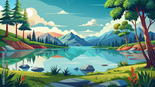 Very beautiful tranquil lakeshore habitat features calm reflective water, soft summer greenery, and open sky, highlighting a peaceful protected environment perfect for nature, conservation, and scenic