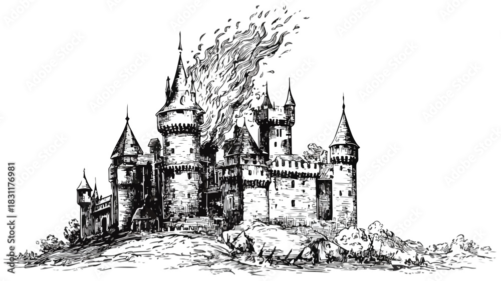 Fototapeta premium Enchanting Castle with Fiery Glow Vector Illustration