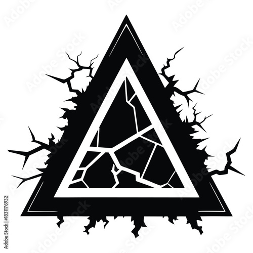 Black shattered triangle with double outline showcases sharp, broken edges and abstract, feel