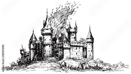 Enchanting Castle with Fiery Glow Vector Illustration