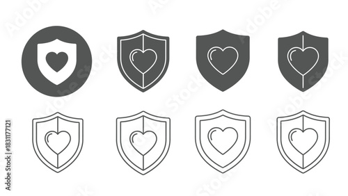 A collection of shield icons with a heart symbol inside, representing protection and love, in both solid and outline styles.