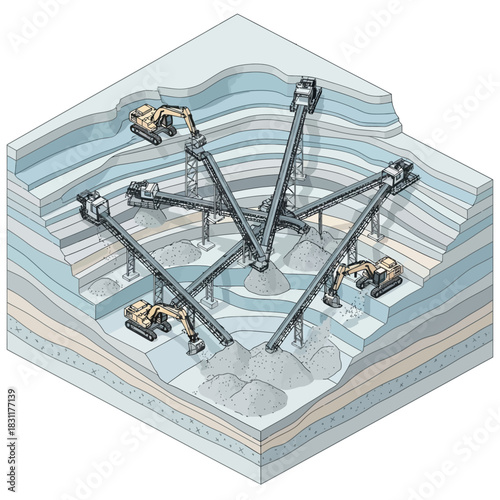 Illustration of an open-pit mine with excavators and conveyor belts.