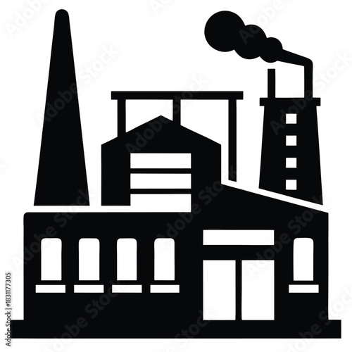 Black silhouette depicts an industrial factory building with a smokestack emitting smoke