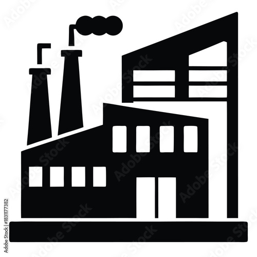 A bold factory silhouette presents industrial architecture and power generation through simplified monochromatic elements