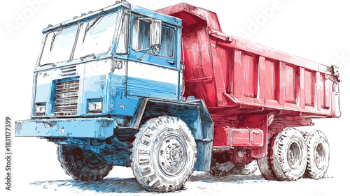 Professional Drawing of Dump Truck with Blue and Red Paint Job