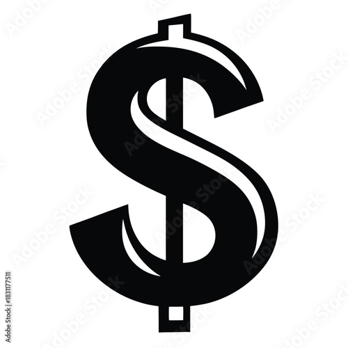 Black dollar currency symbol stands against plain white backdrop, money concept with solid form