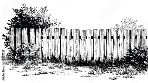 Detailed Drawing of Wooden Fence with 'Wooden' Sign - Professional Illustration