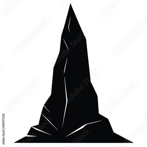 Solemn monochrome mountain peak silhouette sharply rises, a symbol of rocky heights and adventure