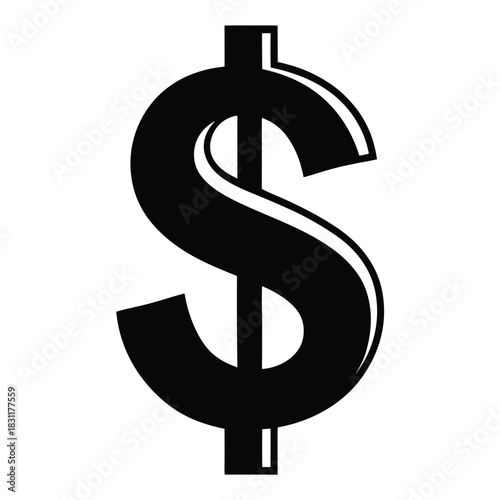 Bold black dollar symbol stands sharply against a plain white background on display